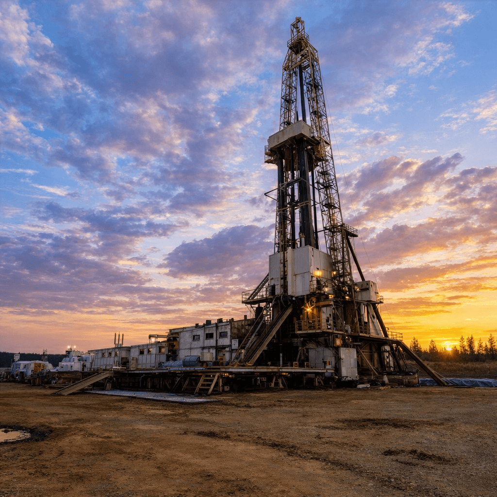 Oil rig at dusk, a contaminated ground site in the kind of place bio-remediation belongs